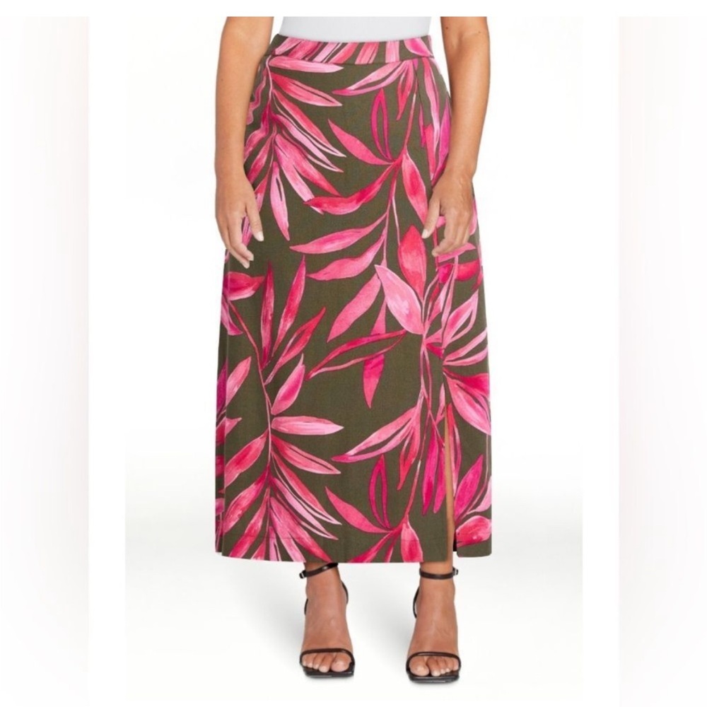 Linen Blend Maxi Skirt Sz 22 XXXL Tropical Hawaiian Pink Pockets Slit Pull On